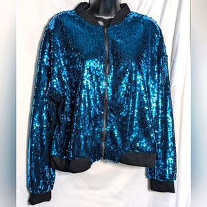 NWT Allegra K  Teal Blue Sequin‎ Sparkle Zip Front Bomber Evening Jacket  | Sz L